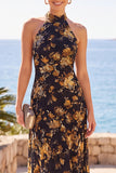 Apricot Sheath High Neck Floral Long Wedding Guest Dress