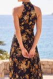 Apricot Sheath High Neck Floral Long Wedding Guest Dress