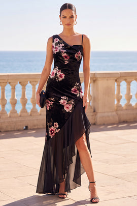 Black Mermaid Floral Long Ruched Velvet Wedding Guest Dress with Slit