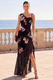 Black Mermaid Floral Long Ruched Velvet Wedding Guest Dress with Slit