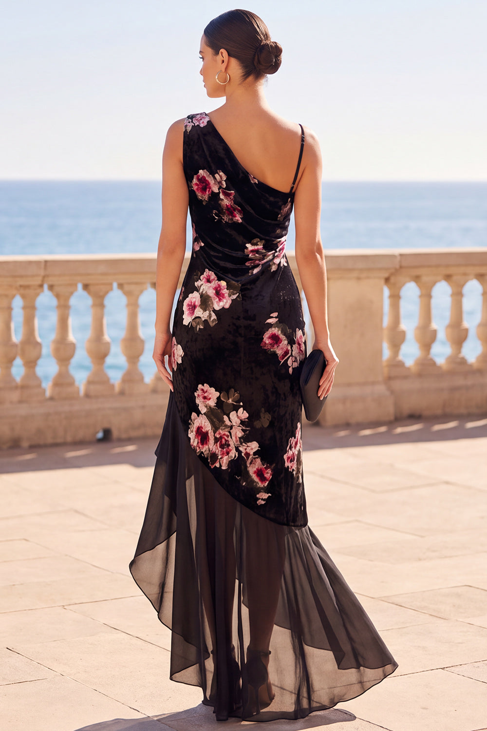 Black Mermaid Floral Long Ruched Velvet Wedding Guest Dress with Slit