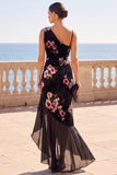 Black Mermaid Floral Long Ruched Velvet Wedding Guest Dress with Slit