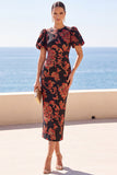 Black Floral Sheath Round Neck Jacquard Midi Wedding Guest Dress with Sleeves
