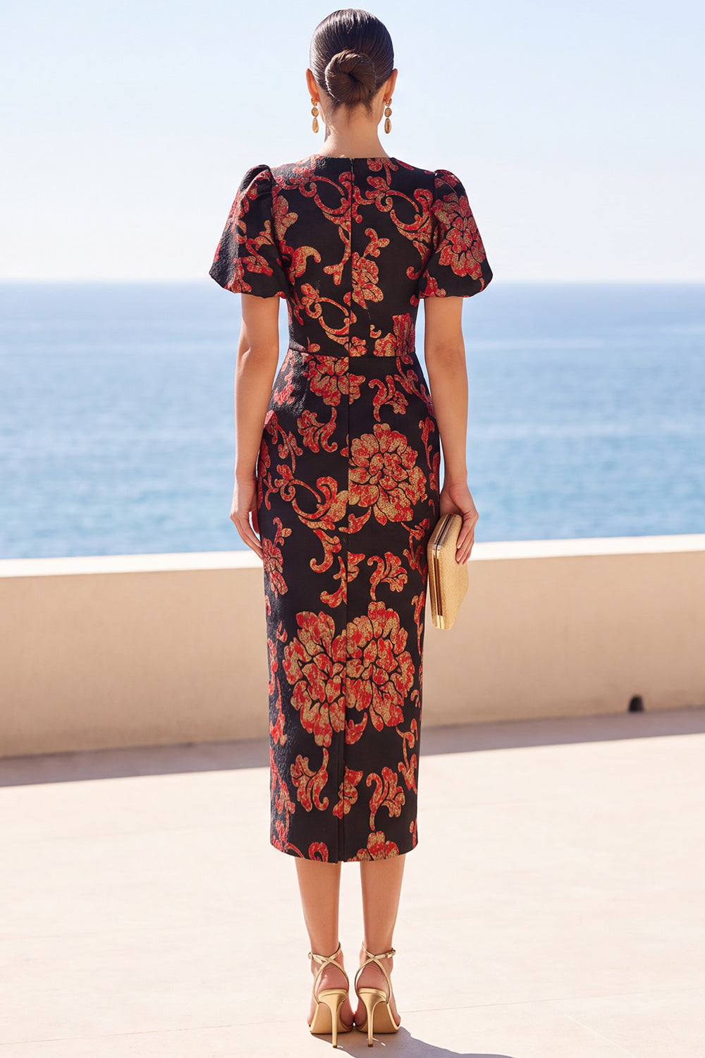 Black Floral Sheath Round Neck Jacquard Midi Wedding Guest Dress with Sleeves