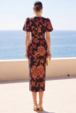 Black Floral Sheath Round Neck Jacquard Midi Wedding Guest Dress with Sleeves
