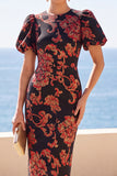 Black Floral Sheath Round Neck Jacquard Midi Wedding Guest Dress with Sleeves