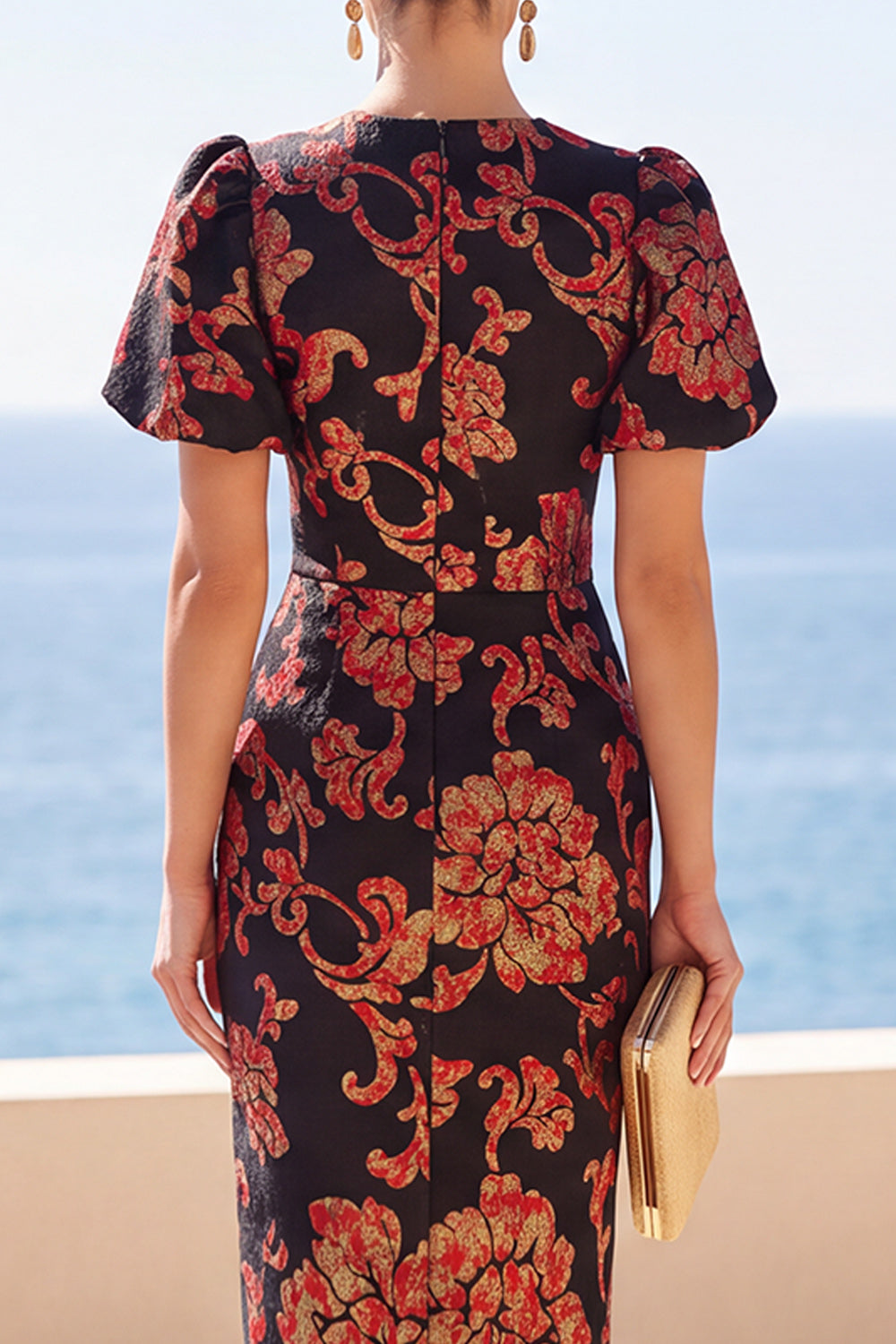 Black Floral Sheath Round Neck Jacquard Midi Wedding Guest Dress with Sleeves