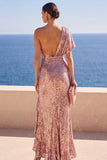 Sparkly Dusty Rose Sheath One Shoulder Sequin Ruched Long Wedding Guest Dress with Slit