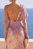 Sparkly Dusty Rose Sheath One Shoulder Sequin Ruched Long Wedding Guest Dress with Slit