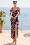 Navy Sheath Cold Shoulder Chiffon Floral Ruched Long Wedding Guest Dress with Slit