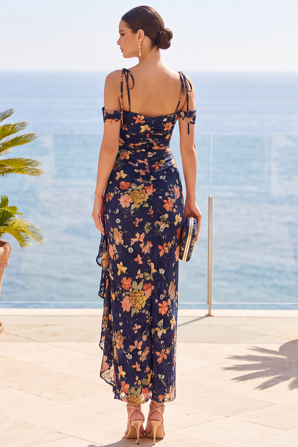 Navy Sheath Cold Shoulder Chiffon Floral Ruched Long Wedding Guest Dress with Slit