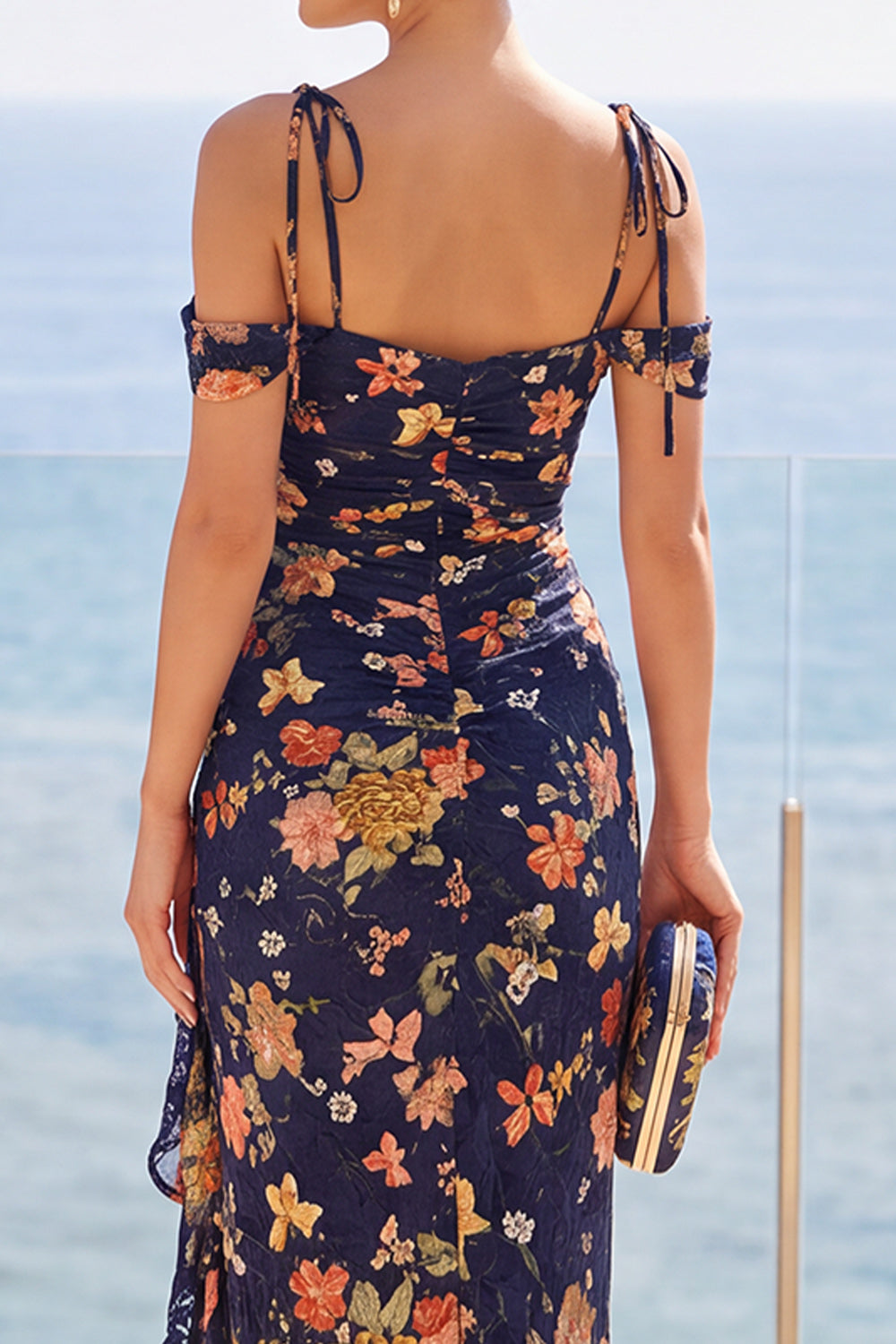 Navy Sheath Cold Shoulder Chiffon Floral Ruched Long Wedding Guest Dress with Slit