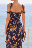 Navy Sheath Cold Shoulder Chiffon Floral Ruched Long Wedding Guest Dress with Slit
