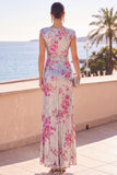 Sparkly Silver Sequin Sheath Ruched Floral Long Wedding Guest Dress with Slit