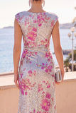 Sparkly Silver Sequin Sheath Ruched Floral Long Wedding Guest Dress with Slit