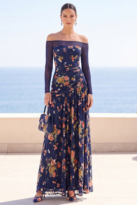 Navy Floral Off the Shoulder Draped Long Wedding Guest Dress with Sleeves