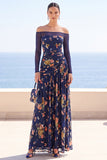 Navy Floral Off the Shoulder Draped Long Wedding Guest Dress with Sleeves