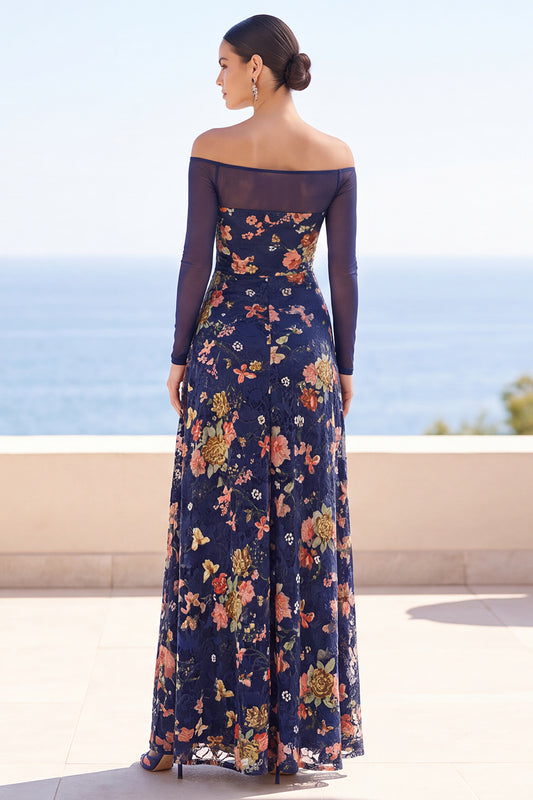 Navy Floral Off the Shoulder Draped Long Sleeves Wedding Guest Dress
