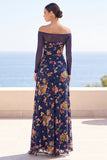 Navy Floral Off the Shoulder Draped Long Wedding Guest Dress with Sleeves