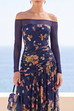 Navy Floral Off the Shoulder Draped Long Wedding Guest Dress with Sleeves