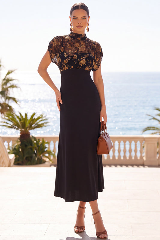 Black A Line High Neck Floral Lace Midi Wedding Guest Dress with Sleeves