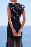 Black Sheath High Neck Lace Floral Midi Wedding Guest Dress with Sleeves