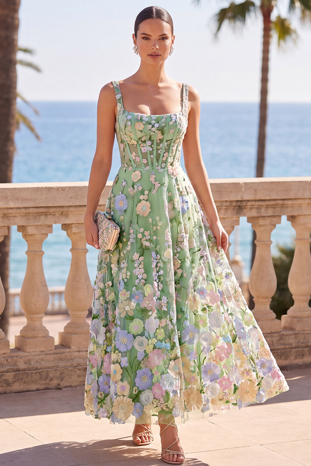 Green Corset A-Line Thick Straps Floral Long Wedding Guest Dress