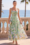 Green Corset A-Line Thick Straps Floral Long Wedding Guest Dress