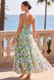 Green Corset A-Line Thick Straps Floral Long Wedding Guest Dress