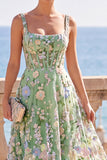 Green Corset A-Line Thick Straps Floral Long Wedding Guest Dress