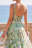 Green Corset A-Line Thick Straps Floral Long Wedding Guest Dress