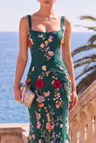 Dark Green Floral Mermaid Thick Straps Floral Long Wedding Guest Dress