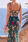 Dark Green Floral Mermaid Thick Straps Floral Long Wedding Guest Dress