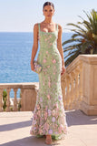Dark Green Floral Mermaid Thick Straps Floral Long Wedding Guest Dress