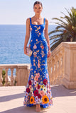 Dark Green Floral Mermaid Thick Straps Floral Long Wedding Guest Dress