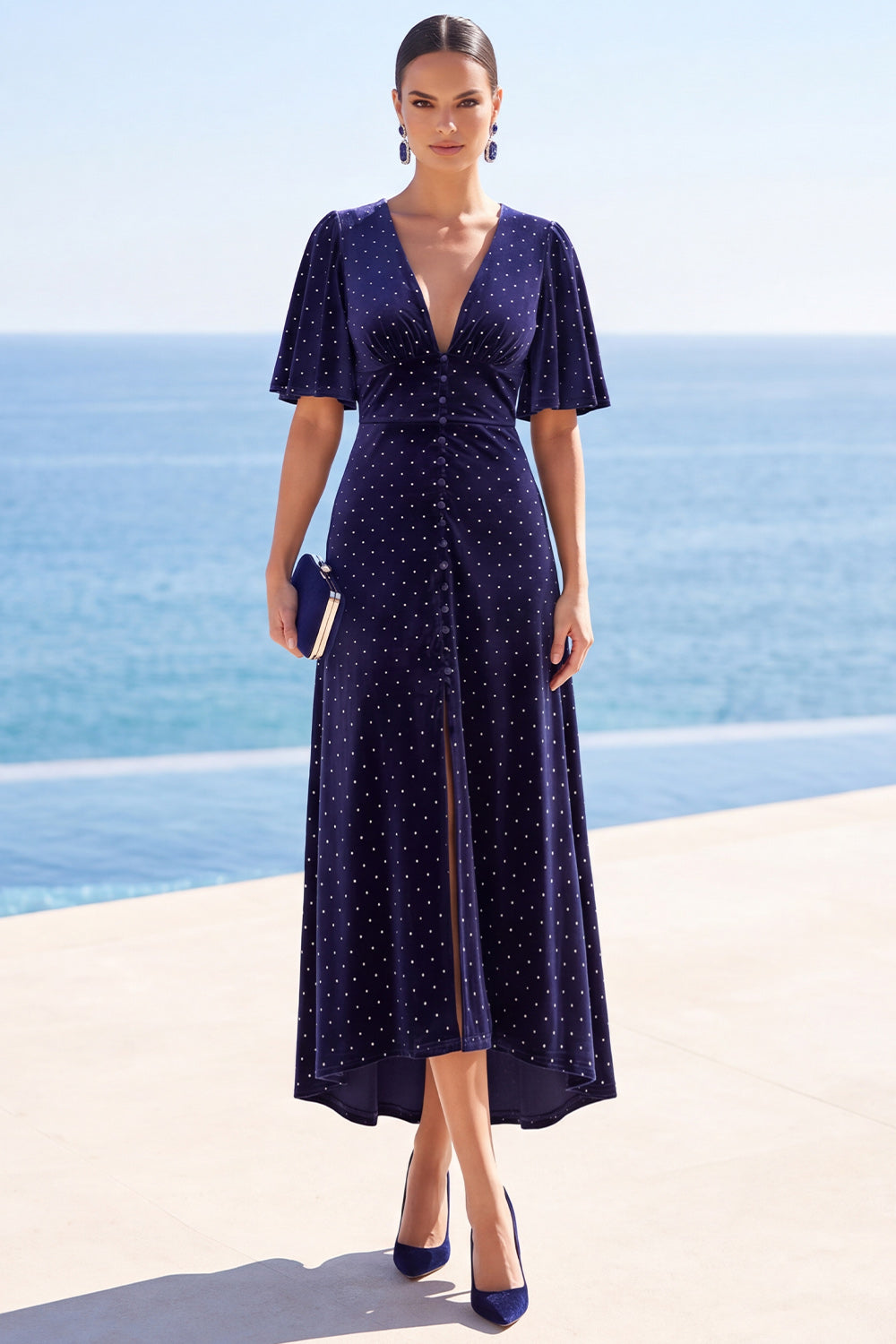 Sparkly Navy Beaded Sheath High-Low Velvet Wedding Guest Dress