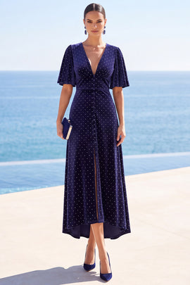 Sparkly Navy Beaded Sheath High-Low Velvet Wedding Guest Dress
