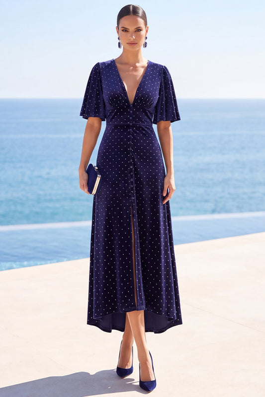 Sparkly Navy Beaded A Line High-Low Velvet Half Sleeves Wedding Guest Dress