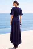 Sparkly Navy Beaded Sheath High-Low Velvet Wedding Guest Dress