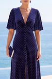 Sparkly Navy Beaded Sheath High-Low Velvet Wedding Guest Dress