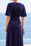 Sparkly Navy Beaded Sheath High-Low Velvet Wedding Guest Dress