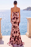 Pink Red Flower Velvet Corset Mermaid Strapless Ruched Long Wedding Guest Dress with Slit