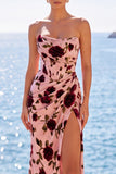 Pink Red Flower Velvet Corset Mermaid Strapless Ruched Long Wedding Guest Dress with Slit