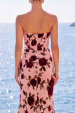 Pink Red Flower Velvet Corset Mermaid Strapless Ruched Long Wedding Guest Dress with Slit