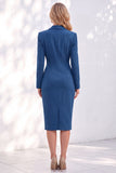 Blue Notched Lapel Ruched Midi Blazer Dress with Slit