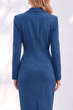 Blue Notched Lapel Ruched Midi Blazer Dress with Slit