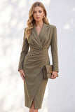 Blue Notched Lapel Ruched Midi Blazer Dress with Slit