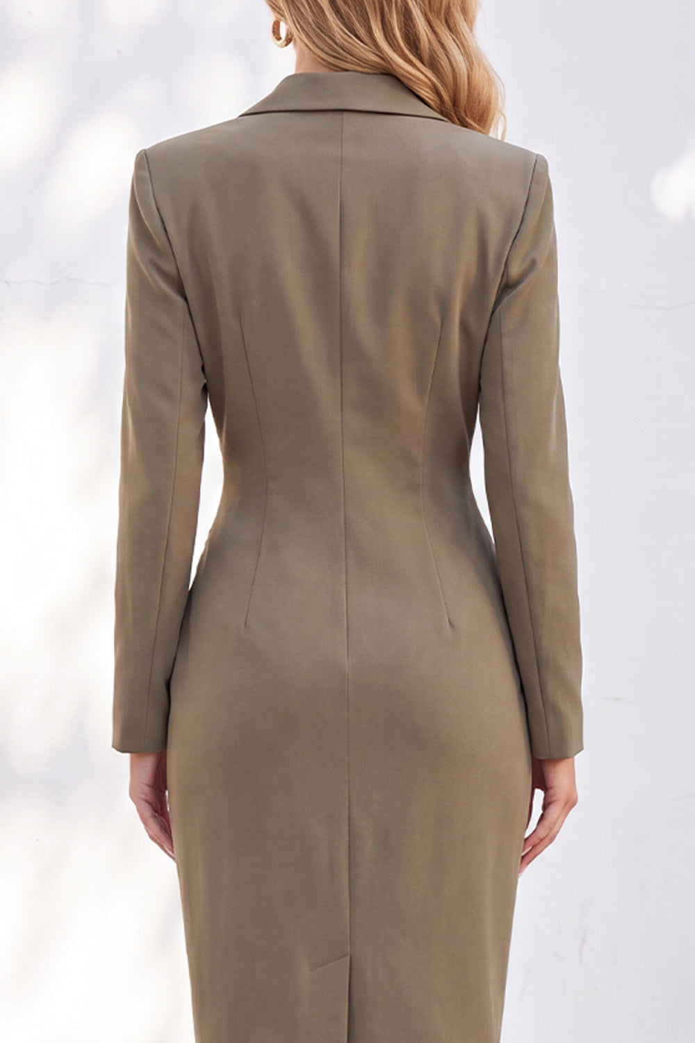 Blue Notched Lapel Ruched Midi Blazer Dress with Slit