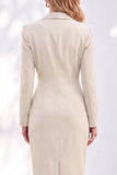Blue Notched Lapel Ruched Midi Blazer Dress with Slit