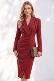 Blue Notched Lapel Ruched Midi Blazer Dress with Slit